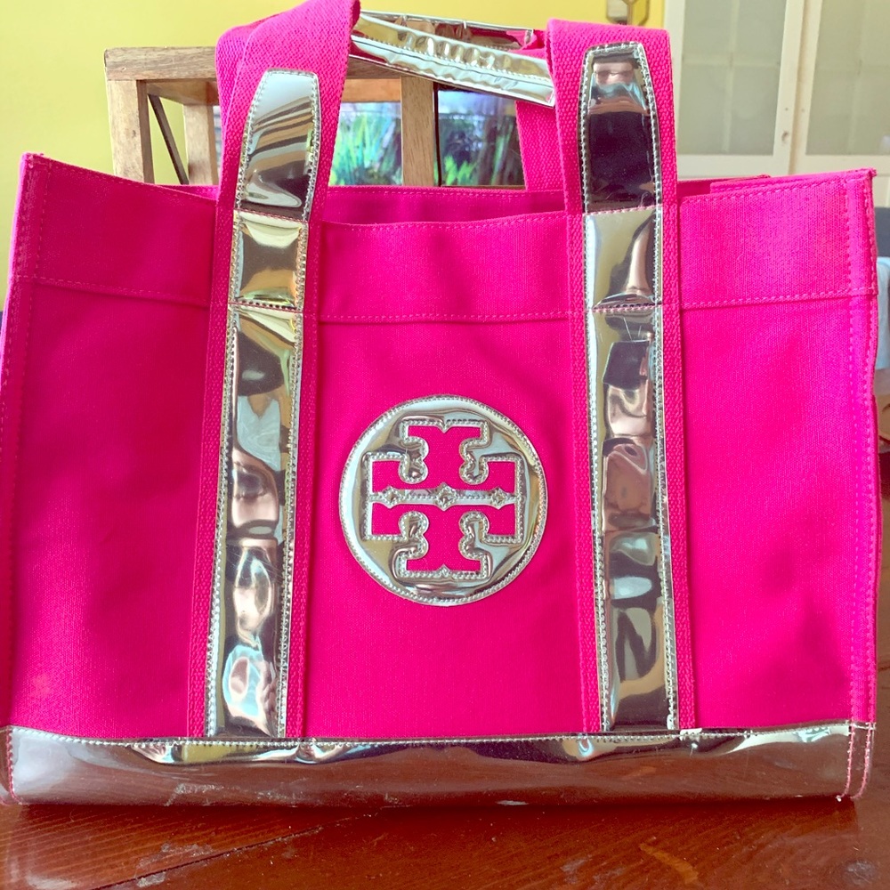 TORY BURCH LARGE PINK AND SILVER ELLA TOTE